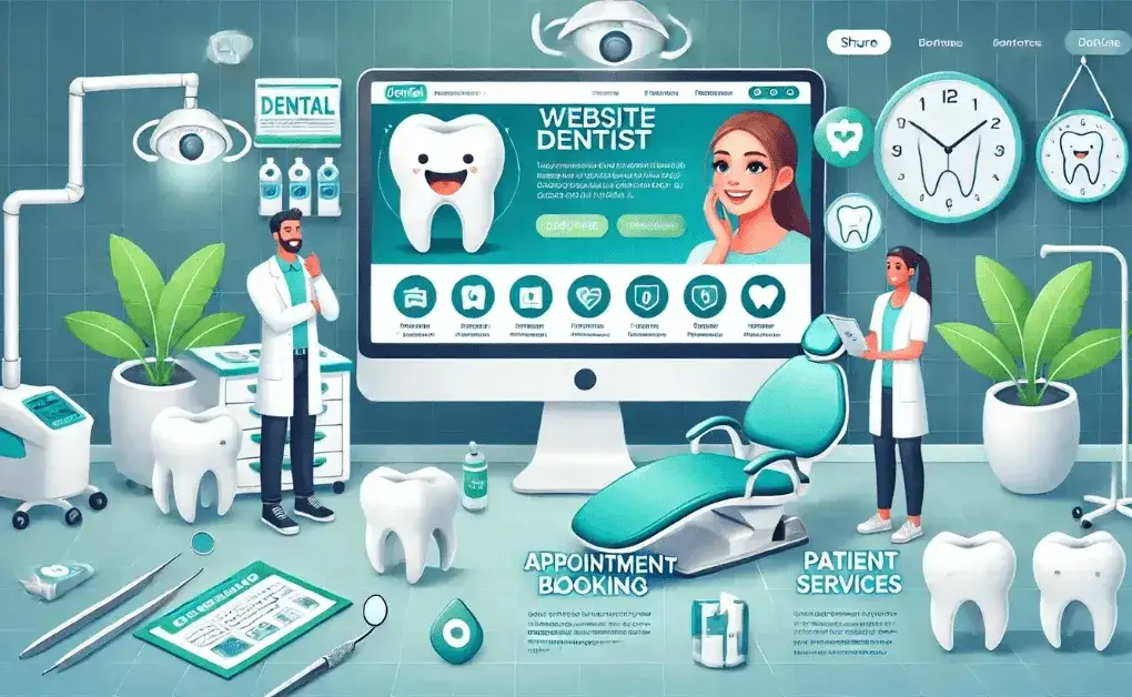 Illustration of a dental clinic website with dentists, tools, and appointment booking