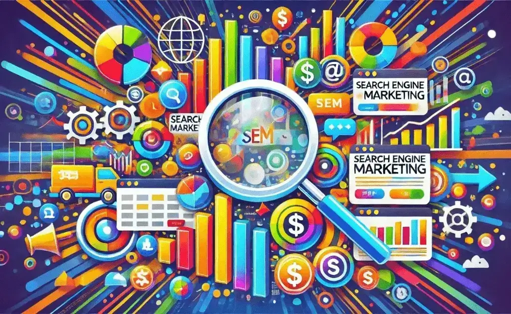 Colorful illustration of SEM (Search Engine Marketing) with a magnifying glass, charts, graphs, dollar signs, and digital marketing icons.